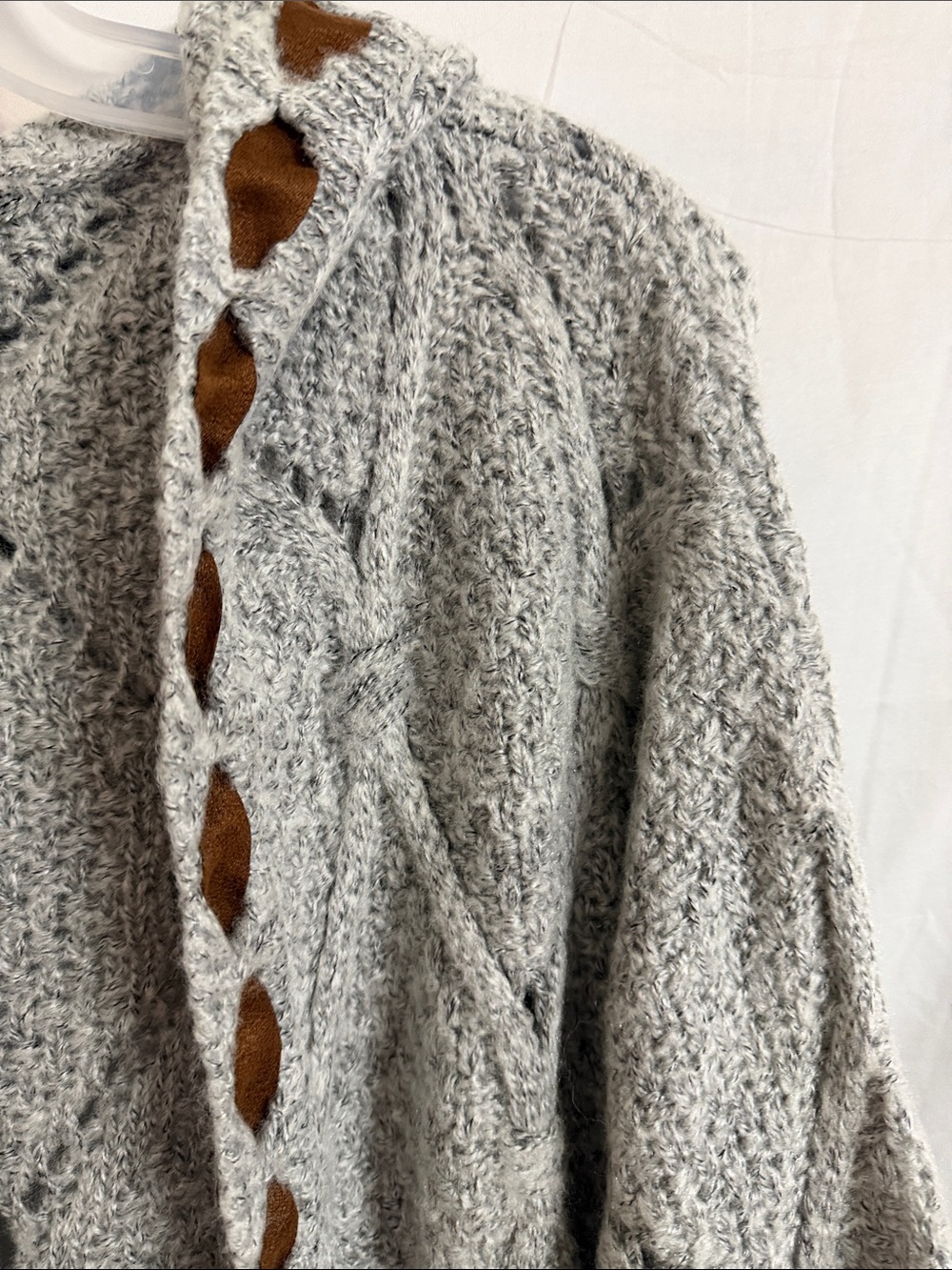 POL Light Gray Open Cable-Knit Cardigan with Brown Elbow Patches - Picture 7 of 16